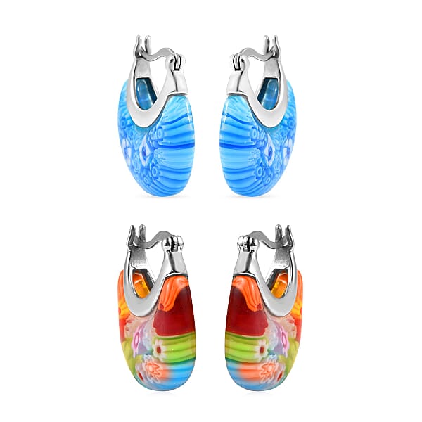 Set Of 2 Multi Color And Blue Color Murano Style Basket Earrings In Stainless Steel (Del. In 10-12 Days)