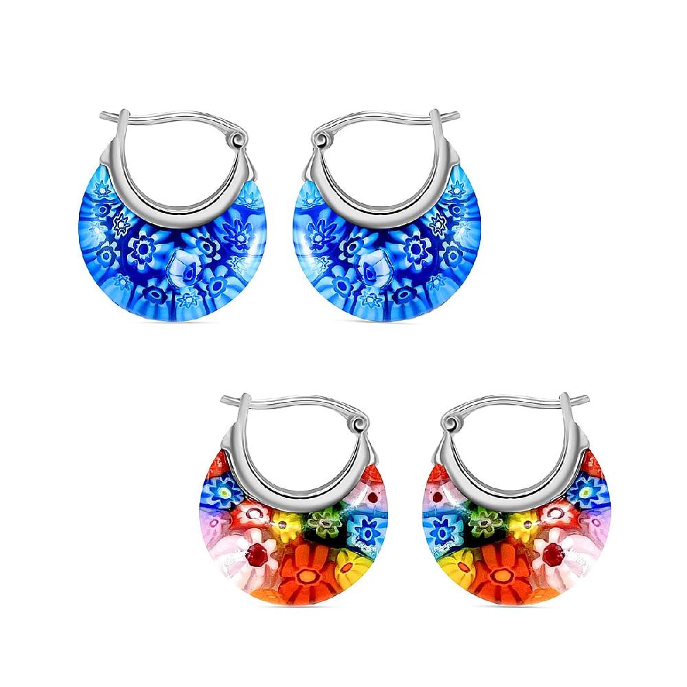 Set Of 2 Multi Color and Blue Color Murano Style Basket Earrings in Stainless Steel (Del. In 10-12 Days)