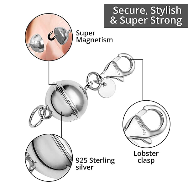 Set Of 2 Rhodium Over Sterling Silver Magnetic Lock Jewelry Lock With Lobster Clasp Silver Jewelry Clasp Round Magnetic Lock In Silver 2.50 Grams