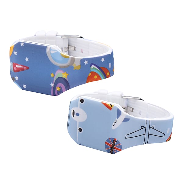 Set Of 2 Strada Electronic Movement LED Watch With Rocket And Plane Pattern Silicone Strap