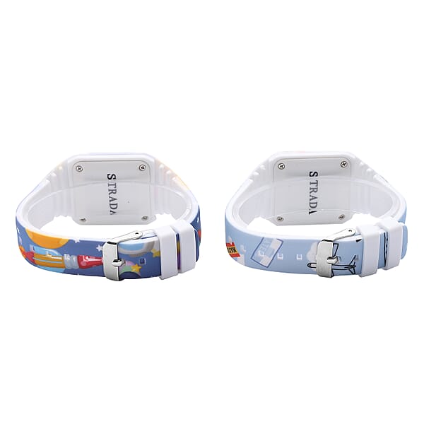 Set Of 2 Strada Electronic Movement LED Watch With Rocket And Plane Pattern Silicone Strap