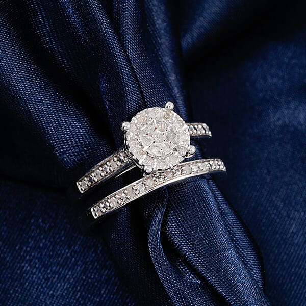 Set Of 2 White Diamond 0.33 Ctw Bridal Band Ring In Sterling Silver
