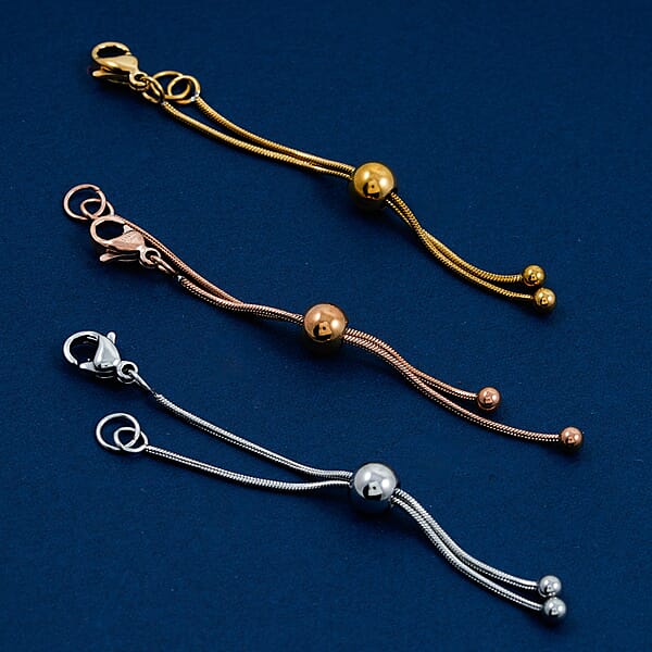 Set Of 3 - 9mm Lobster Lock With Each Side 2 Inch Snake Extender Chain 6mm Adjusting Beads In ION Plated YRG And Stainless Steel