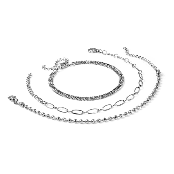Set Of 3 Beaded Double Woven Four Sided & Paper Clip Bracelet In Stainless Steel (7-8.50 In)