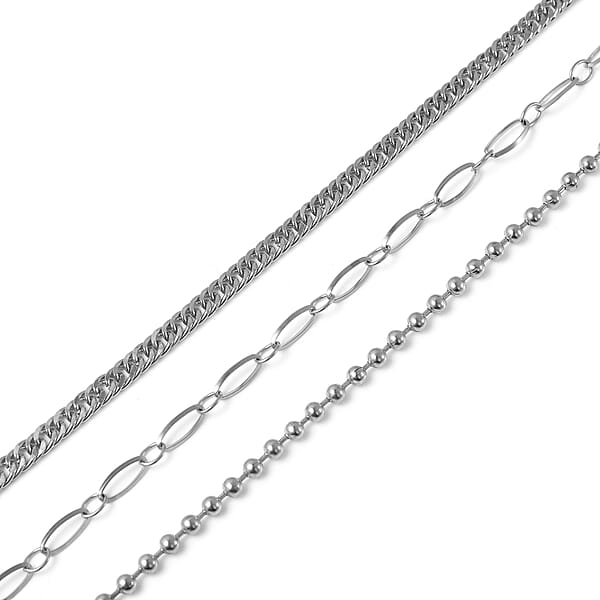 Set Of 3 Beaded Double Woven Four Sided & Paper Clip Bracelet In Stainless Steel (7-8.50 In)
