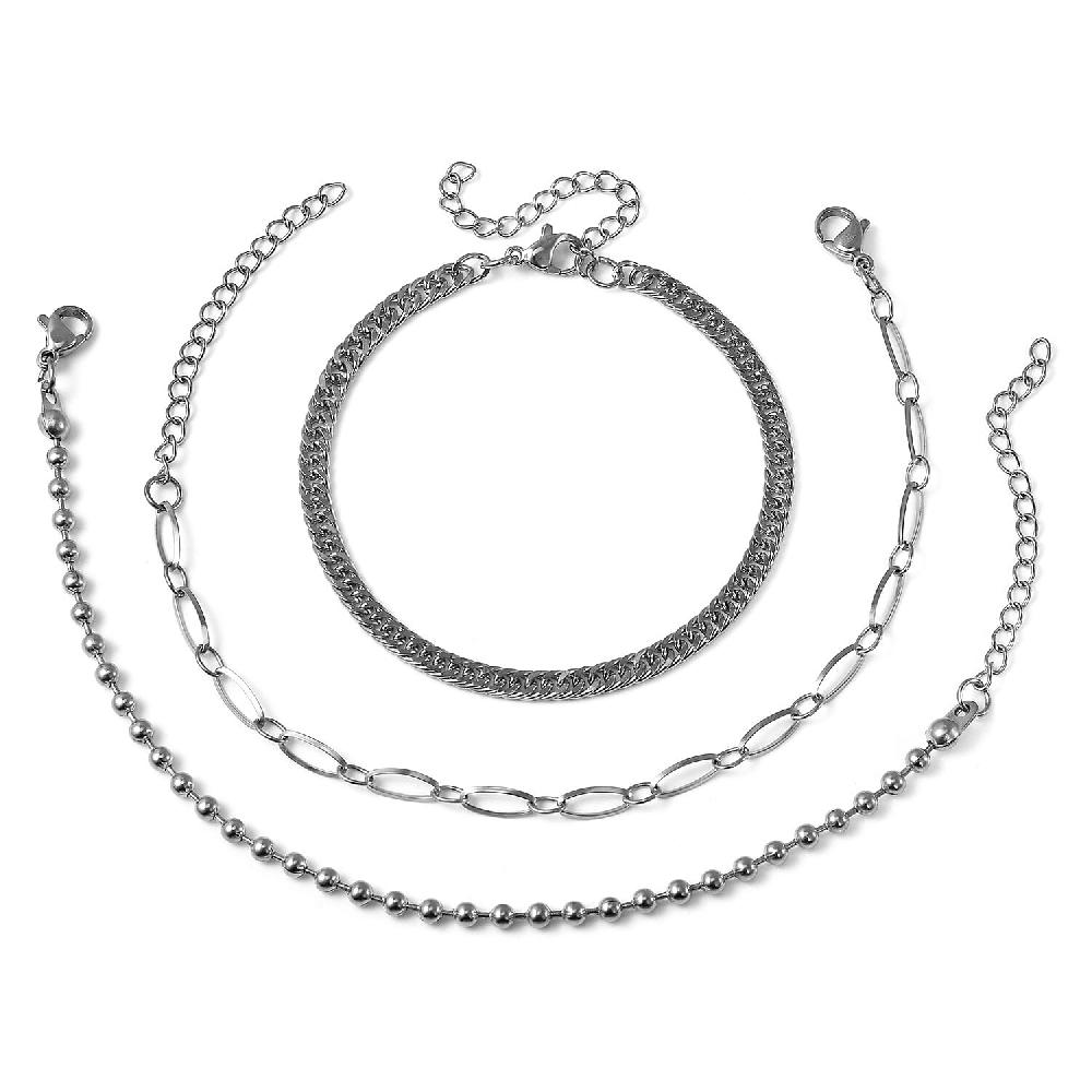 Set of 3 Beaded Double Woven Four Sided & Paper Clip Bracelet in Stainless Steel (7-8.50 In)