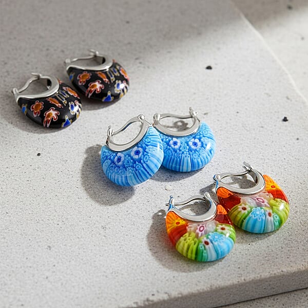 Set Of 3 Blue Black And Multi Color Murano Style Basket Earrings In Stainless Steel