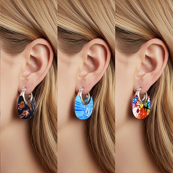Set Of 3 Blue Black And Multi Color Murano Style Basket Earrings In Stainless Steel