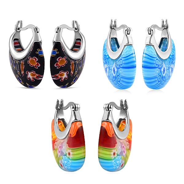 Set Of 3 Blue Black And Multi Color Murano Style Basket Earrings In Stainless Steel