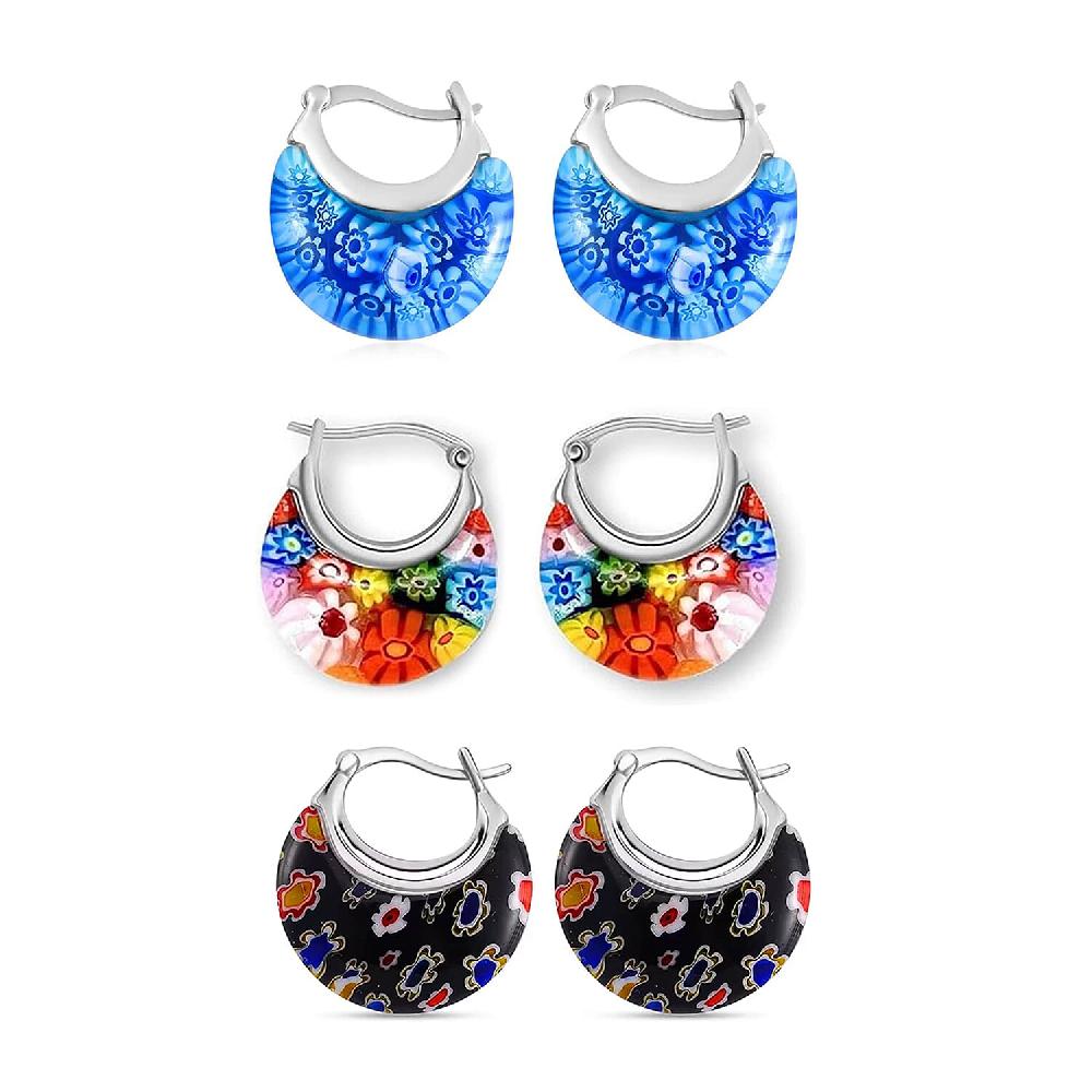 Set of 3 Blue Black and Multi Color Murano Style Basket Earrings in Stainless Steel