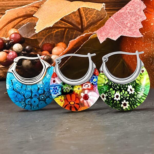 Set Of 3 Blue Green And Multi Color Murano Style Basket Earrings In Stainless Steel (Del. In 10-12 Days)