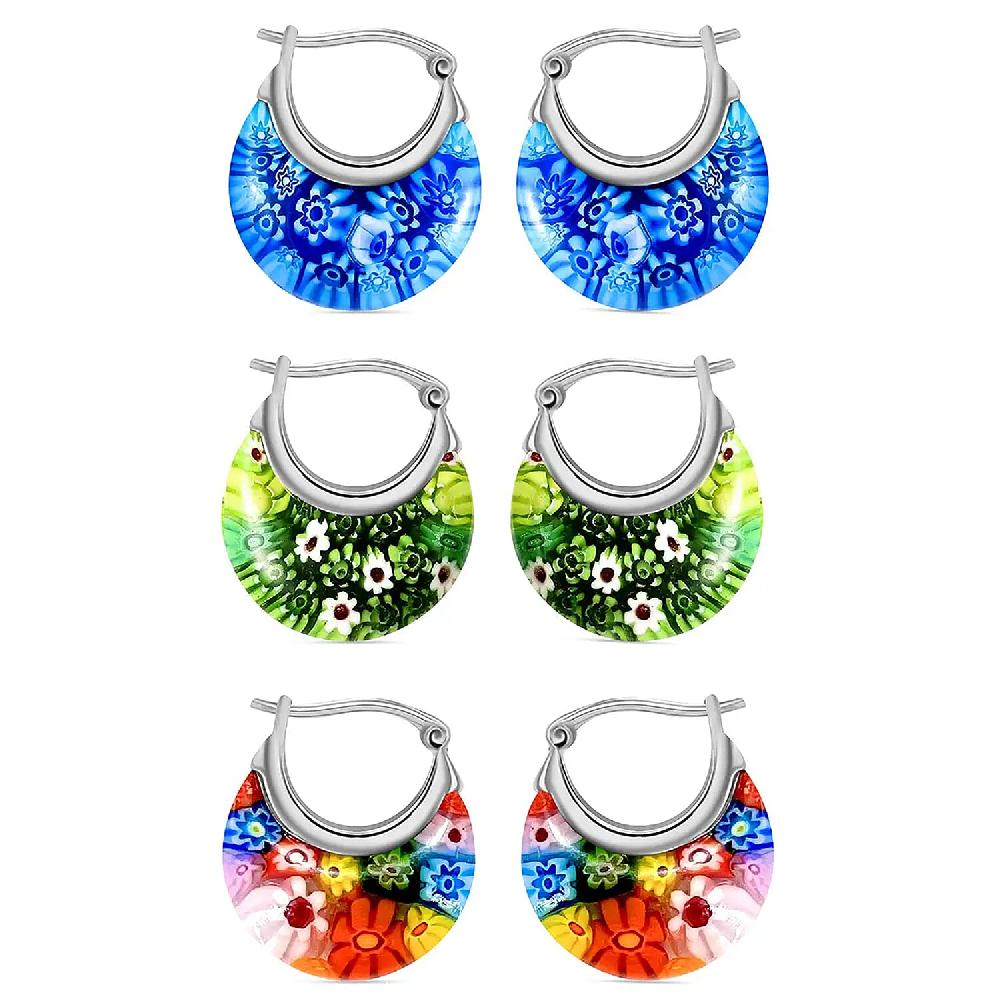 Set of 3 Blue Green and Multi Color Murano Style Basket Earrings in Stainless Steel (Del. In 10-12 Days)