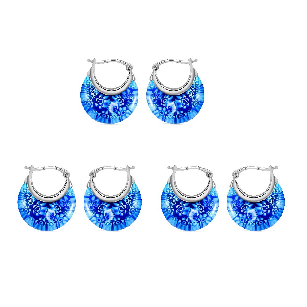 Set of 3 Blue Murano Style Basket Earrings in Stainless Steel