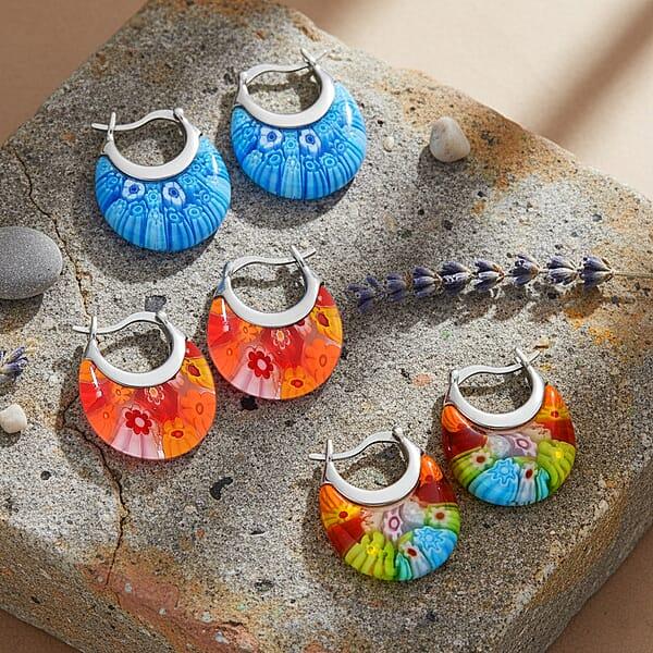Set Of 3 Blue Orange And Multi Color Murano Style Basket Earrings In Stainless Steel With Lifetime Guarantee (Del. In 10-12 Days)