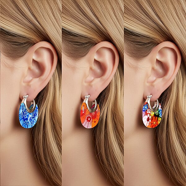 Set Of 3 Blue Orange And Multi Color Murano Style Basket Earrings In Stainless Steel With Lifetime Guarantee (Del. In 10-12 Days)