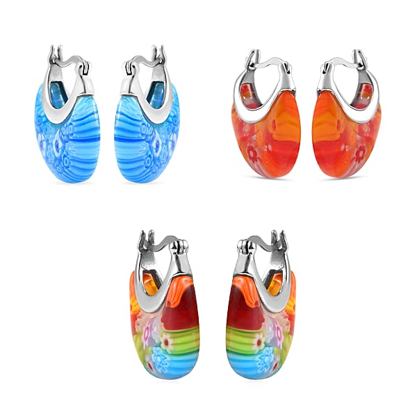 Set Of 3 Blue Orange And Multi Color Murano Style Basket Earrings In Stainless Steel With Lifetime Guarantee (Del. In 10-12 Days)