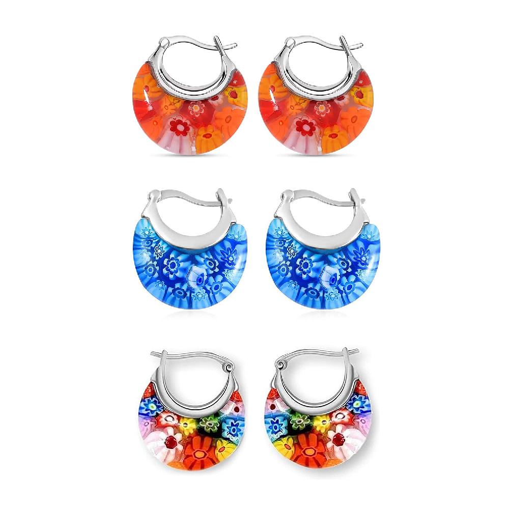Set of 3 Blue Orange and Multi Color Murano Style Basket Earrings in Stainless Steel with Lifetime Guarantee (Del. In 10-12 Days)