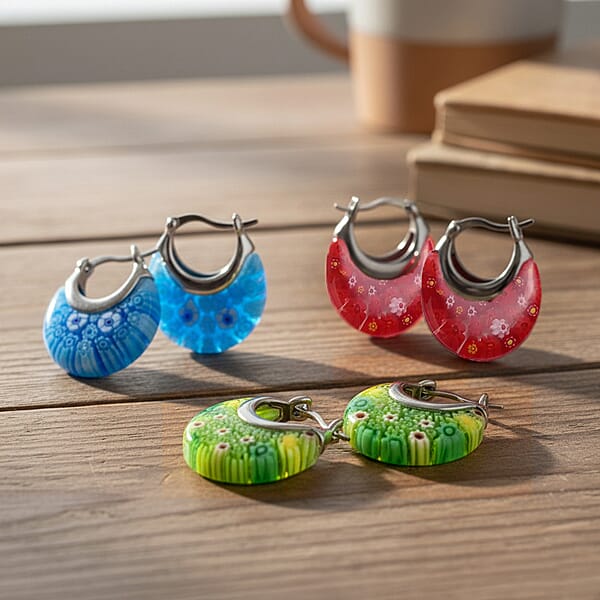 Set Of 3 Blue Red And Green Murano Style Basket Earrings In Stainless Steel (Del. In 10-12 Days)
