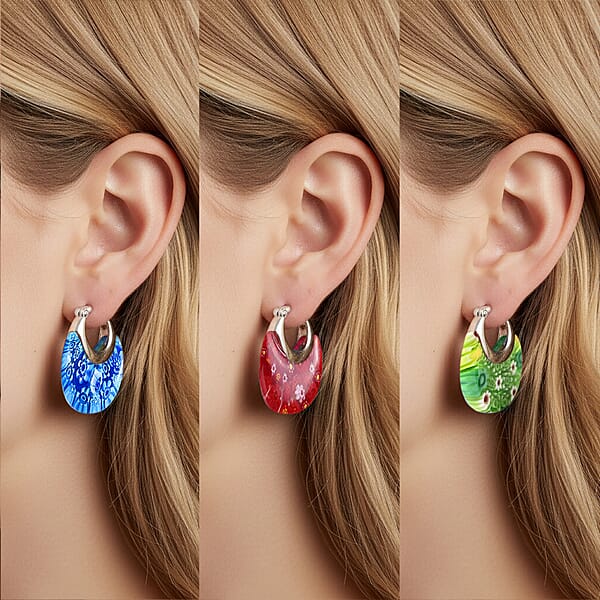 Set Of 3 Blue Red And Green Murano Style Basket Earrings In Stainless Steel (Del. In 10-12 Days)