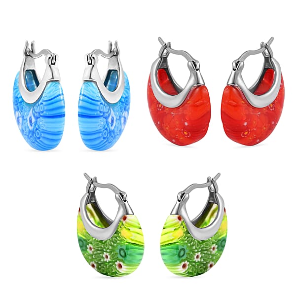 Set Of 3 Blue Red And Green Murano Style Basket Earrings In Stainless Steel (Del. In 10-12 Days)