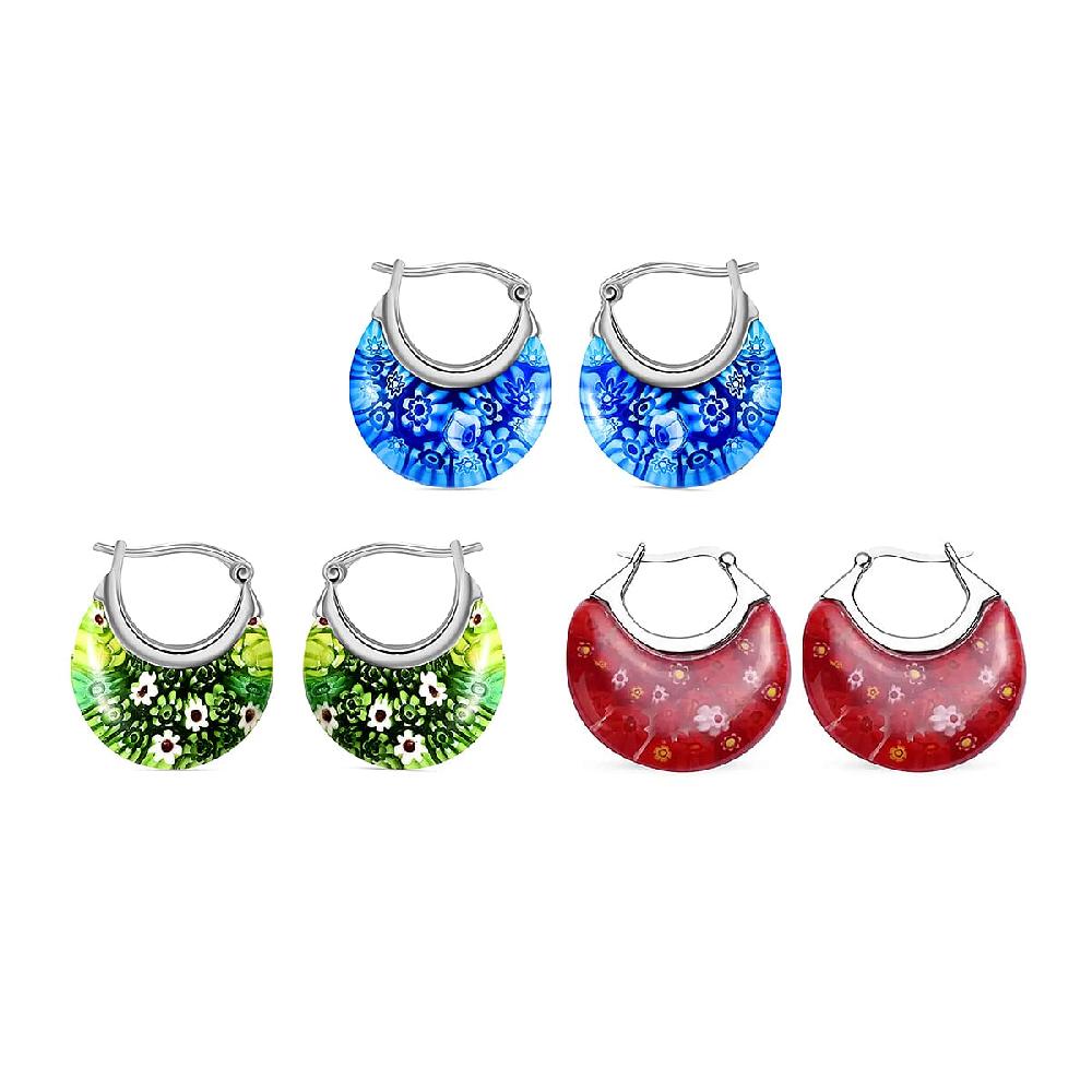 Set of 3 Blue Red and Green Murano Style Basket Earrings in Stainless Steel (Del. In 10-12 Days)