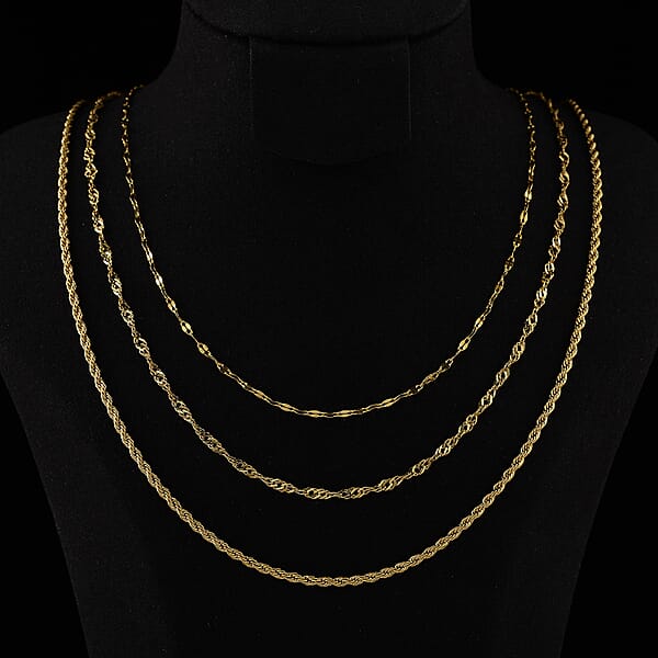 Set Of 3 Chain Necklace In ION Plated YG Stainless Steel (Rope Chain Link Chain And Cable Chain) (20-22 Inches)