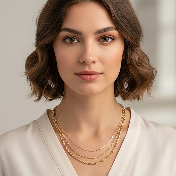 Set Of 3 Chain Necklace In ION Plated YG Stainless Steel (Rope Chain Link Chain And Cable Chain) (20-22 Inches)
