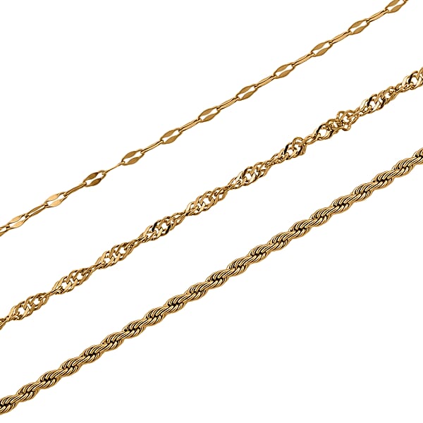 Set Of 3 Chain Necklace In ION Plated YG Stainless Steel (Rope Chain Link Chain And Cable Chain) (20-22 Inches)