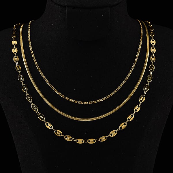 Set Of 3 Chain Necklace In ION Plated YG Stainless Steel ( Link Chain Small Link Chain And Snake Chain) ( (20-22 Inches)