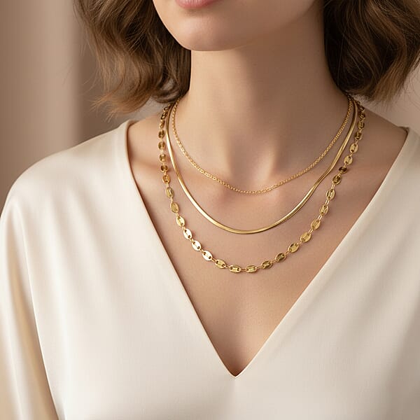 Set Of 3 Chain Necklace In ION Plated YG Stainless Steel ( Link Chain Small Link Chain And Snake Chain) ( (20-22 Inches)