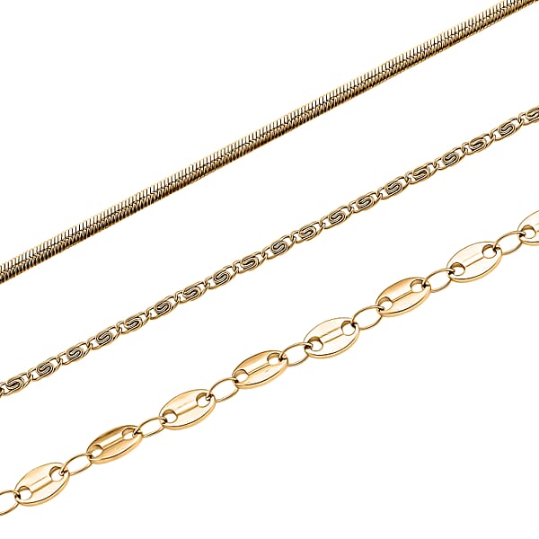 Set Of 3 Chain Necklace In ION Plated YG Stainless Steel ( Link Chain Small Link Chain And Snake Chain) ( (20-22 Inches)