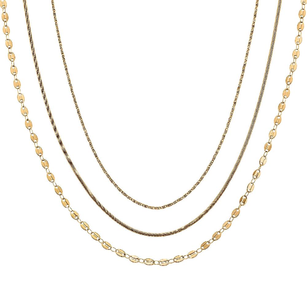 Set of 3 Chain Necklace in ION Plated YG Stainless Steel ( Link Chain Small Link Chain and Snake Chain) ( (20-22 Inches)