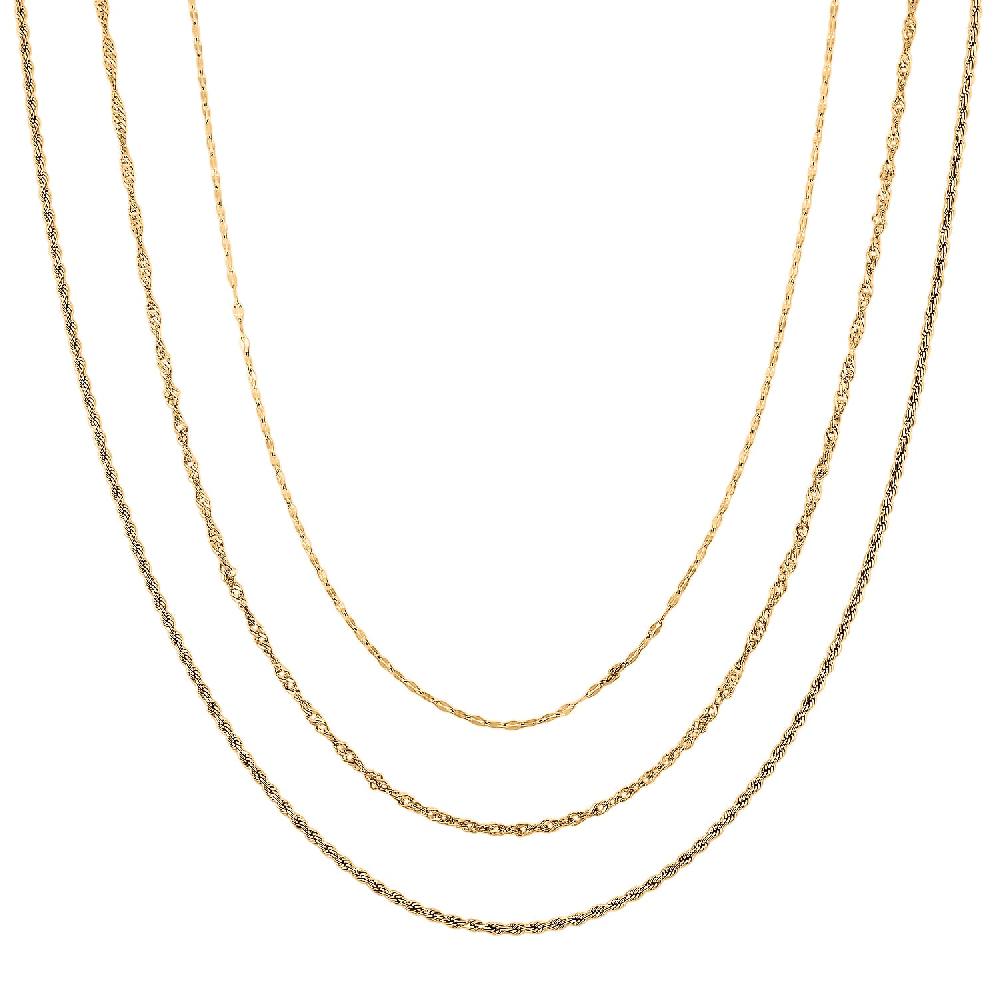 Set of 3 Chain Necklace in ION Plated YG Stainless Steel (Rope Chain Link Chain and Cable Chain) (20-22 Inches)