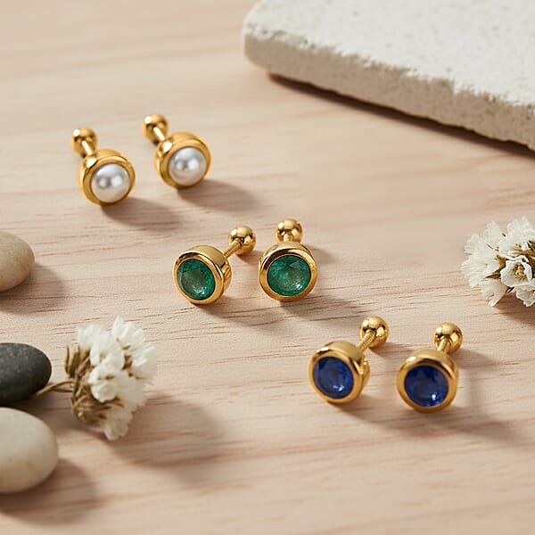 Set Of 3 - D'Joy Multi Gemstone 1.18 Ctw Stud Earrings In 18K Yellow Gold Vermeil Over Sterling Silver