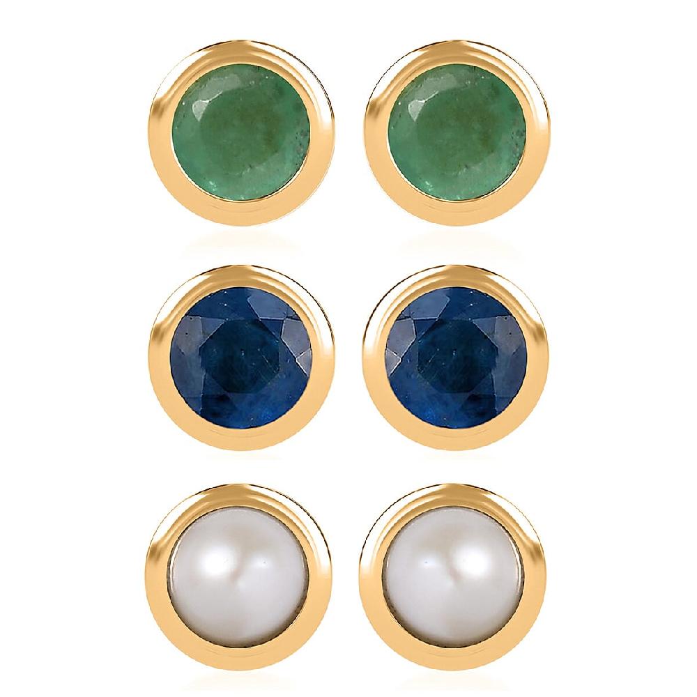 Set of 3 - D'Joy Multi Gemstone 1.18 ctw Stud Earrings in 18K Yellow Gold Vermeil Over Sterling Silver