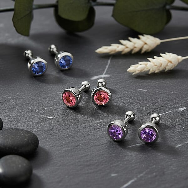 Set Of 3 D'Joy Poke Free African Amethyst Tanzanite Morro Redondo Pink Tourmaline Stud Earrings In Rhodium Over Sterling Silver 1.50 Ctw