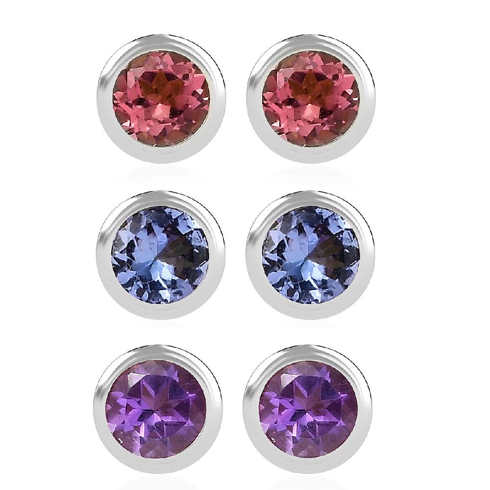 Set of 3 D'Joy Poke Free African Amethyst Tanzanite Morro Redondo Pink Tourmaline Stud Earrings in Rhodium Over Sterling Silver 1.50 ctw