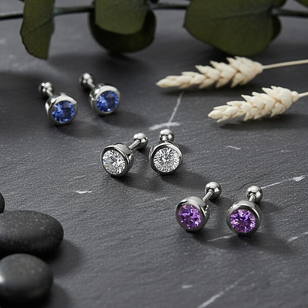 Set Of 3 D'Joy Poke Free Multi Gemstone 1.45 Ctw Stud Earrings In Rhodium Over Sterling Silver