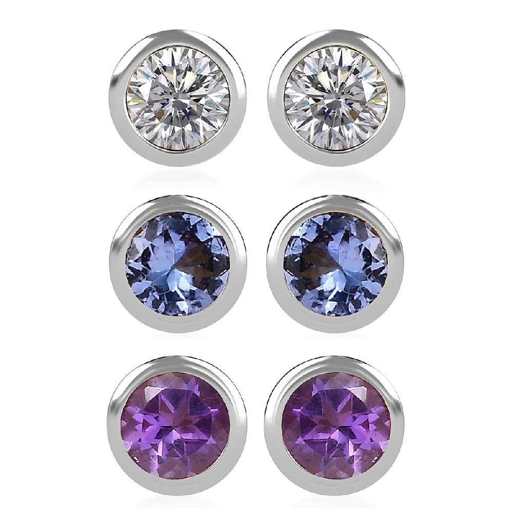 Set of 3 D'Joy Poke Free Multi Gemstone 1.45 ctw Stud Earrings in Rhodium Over Sterling Silver