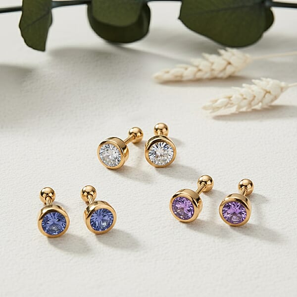 Set Of 3 - D'Joy Poke Free Multi Gemstone 1.56 Ctw Stud Earrings In 18K Vermeil Yellow Gold Over Sterling Silver