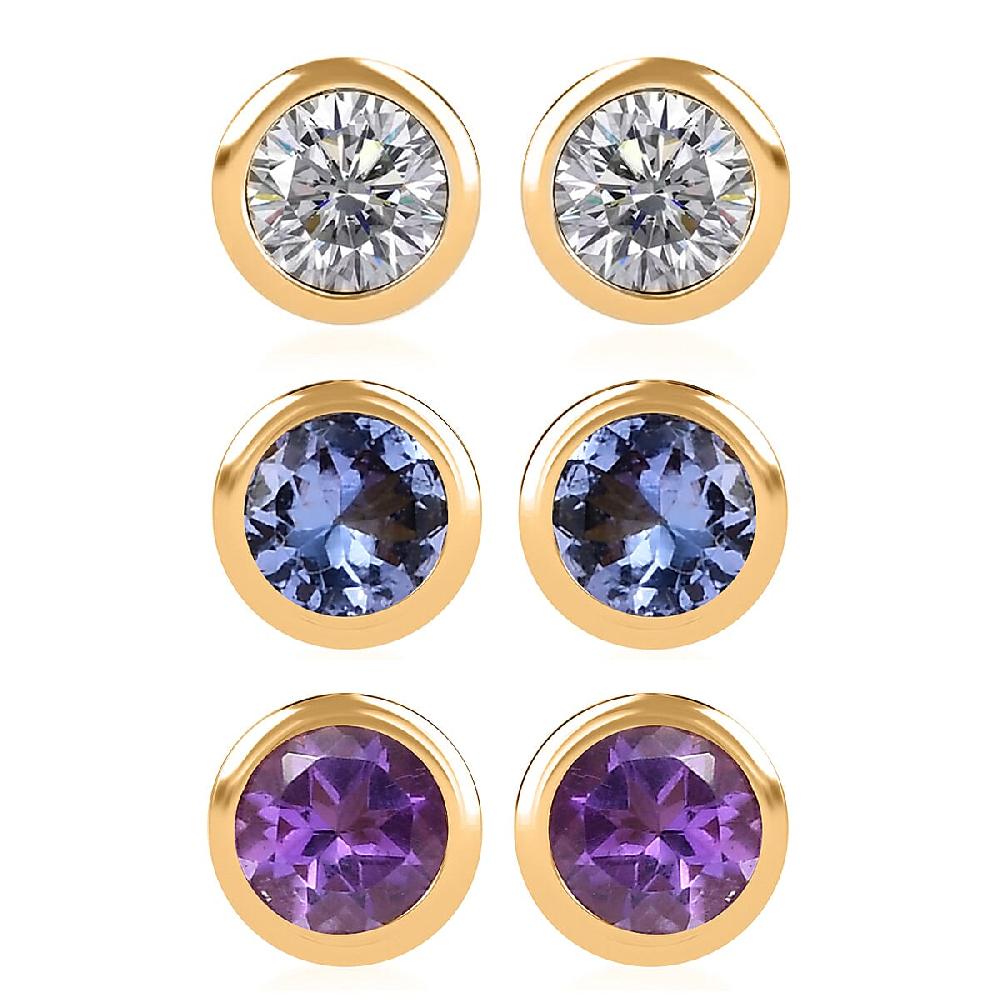Set of 3 - D'Joy Poke Free Multi Gemstone 1.56 ctw Stud Earrings in 18K Vermeil Yellow Gold Over Sterling Silver