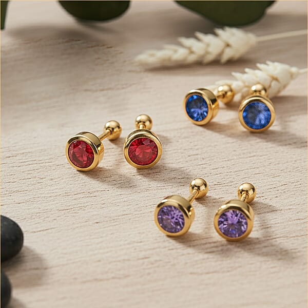 Set Of 3 - D'Joy Poke Free Multi Gemstone 1.80 Ctw Stud Earrings In 18K Vermeil Yellow Gold Over Sterling Silver