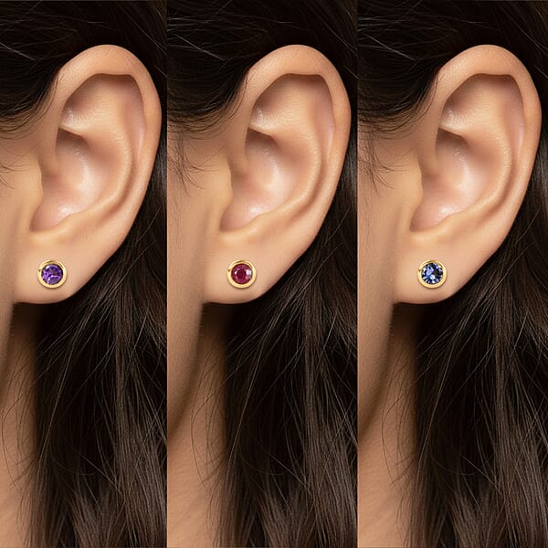 Set Of 3 - D'Joy Poke Free Multi Gemstone 1.80 Ctw Stud Earrings In 18K Vermeil Yellow Gold Over Sterling Silver