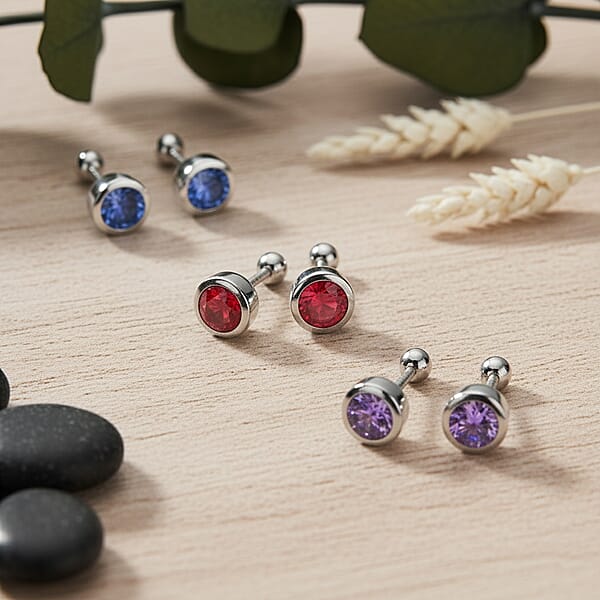 Set Of 3 - D'Joy Poke Free Multi Gemstone 1.80 Ctw Stud Earrings In Rhodium Over Sterling Silver