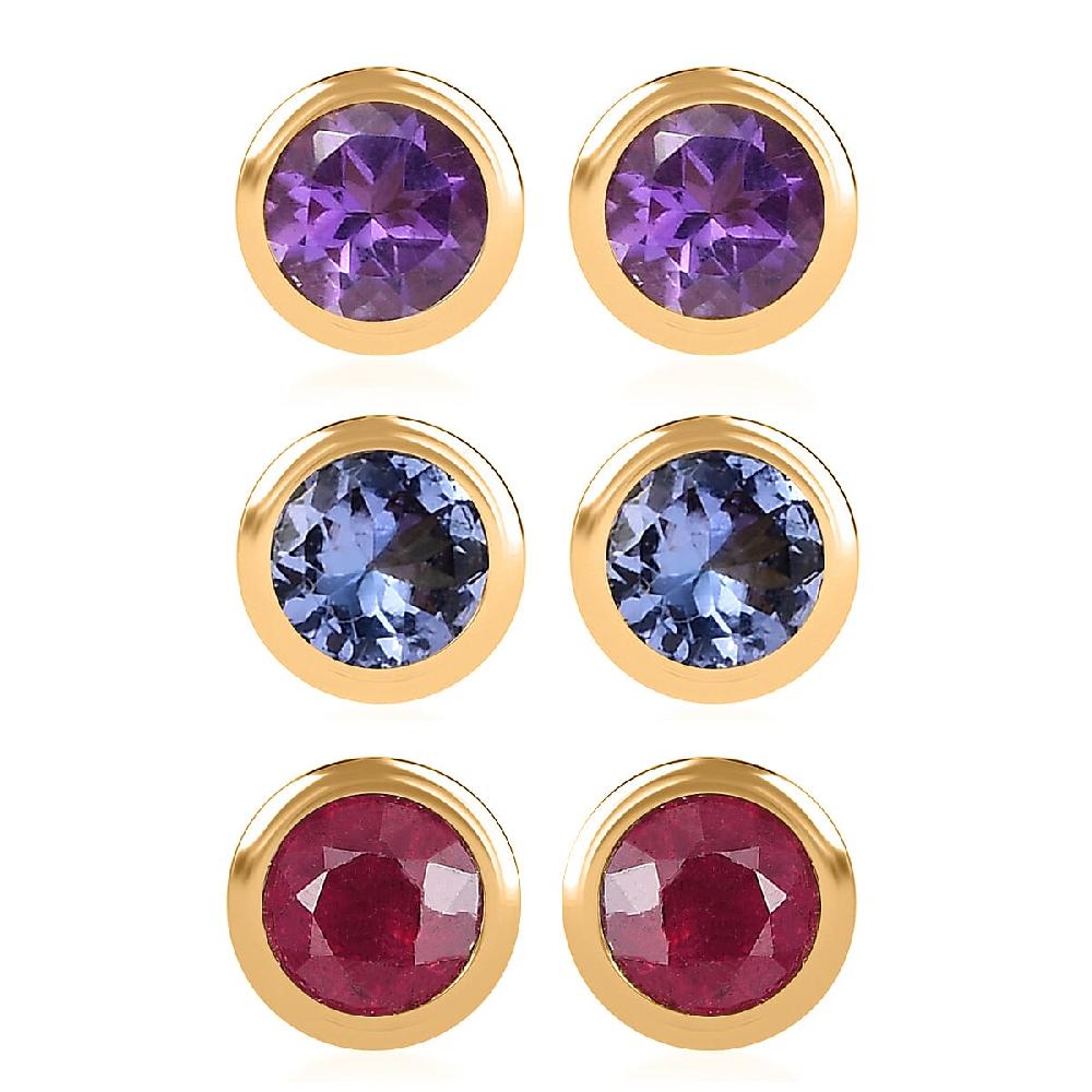 Set of 3 - D'Joy Poke Free Multi Gemstone 1.80 ctw Stud Earrings in 18K Vermeil Yellow Gold Over Sterling Silver