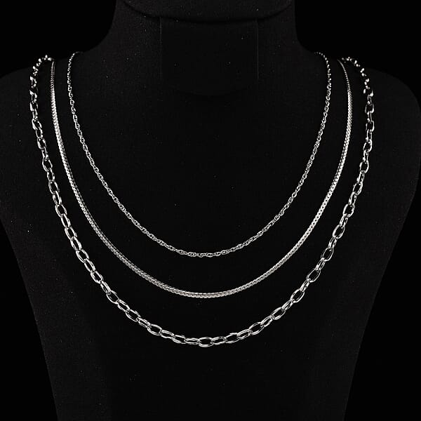 Set Of 3 Fine Link And Twisted Rope Chain Necklace In Stainless Steel 20-22 Inches