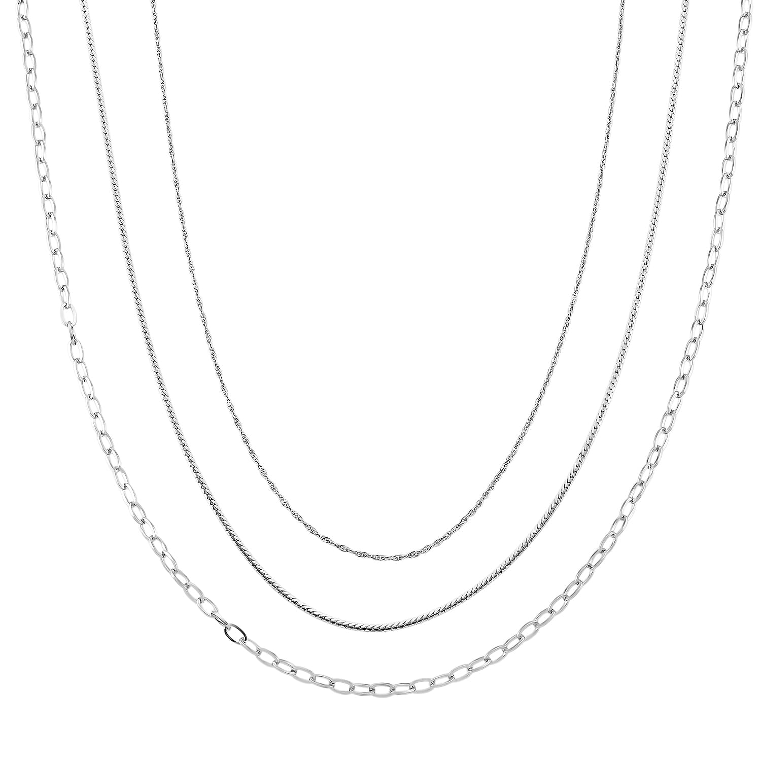 Set of 3 Fine Link and Twisted Rope Chain Necklace in Stainless Steel 20-22 Inches
