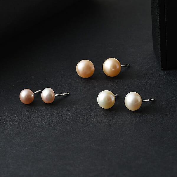 Set Of 3 - Freshwater Peach White And Pink Pearl Stud Earrings In Sterling Silver