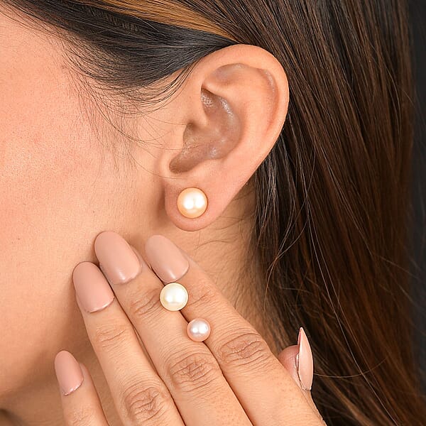 Set Of 3 - Freshwater Peach White And Pink Pearl Stud Earrings In Sterling Silver