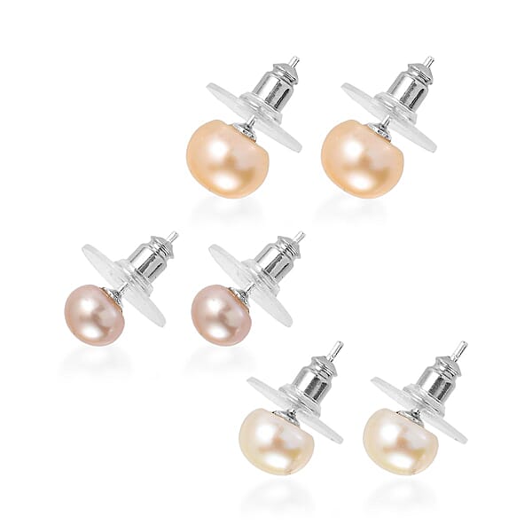 Set Of 3 - Freshwater Peach White And Pink Pearl Stud Earrings In Sterling Silver